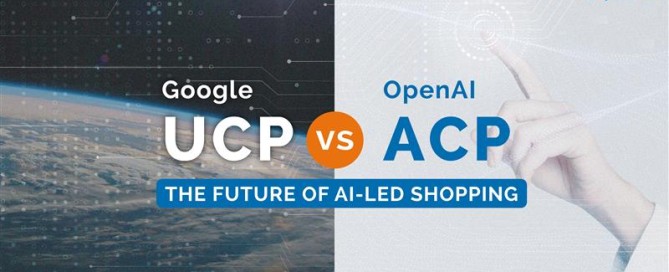 Comparison graphic of OpenAI ACP and Google UCP showing two AI shopping assistants with ecommerce icons and Techspawn logo.