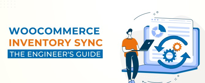 WooCommerce inventory sync architecture diagram showing webhook-based event flow