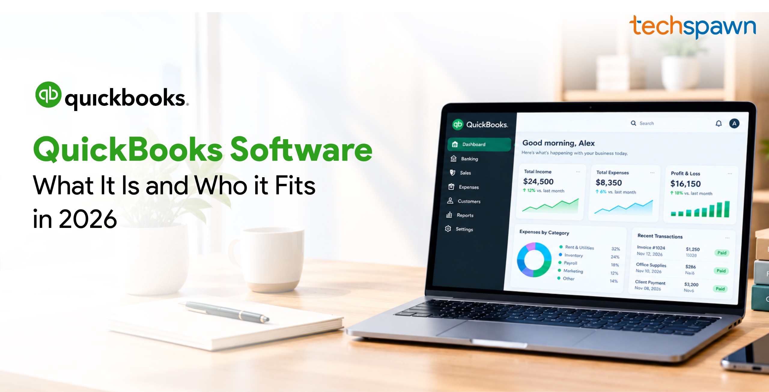 QuickBooks software dashboard displaying business income, expenses, profit and loss, and financial reports on a laptop.